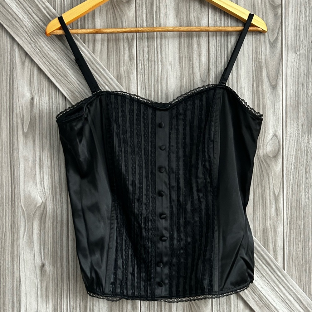 Vintage Black Satin Goth Coquette Corset Top – Lace Trim & Pintuck Detail– sz 14